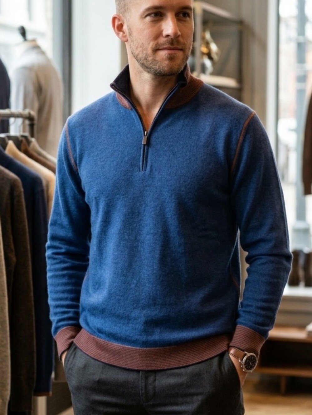 Codice Italy Quarter Zip Wool Cashmere Sweater Blue Rust Trim Luxury Men's XL